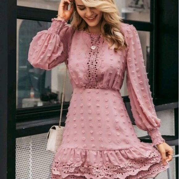 CONTRAST LACE BLUSH POLKA DOT GLAMOROUS DRESS - Picture 6 of 16